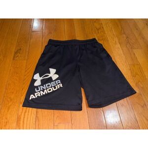 Under Armour Boys Black Athletic Shorts Loose Fit Graphic Logo Size YXL